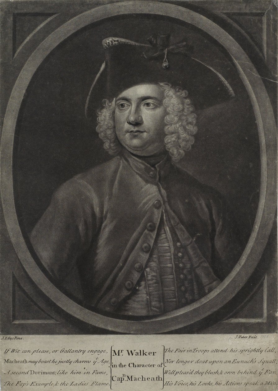 Mr. Walker Macheath kapitány karakterében, ifjabb John Faber (kb. 1695-1756) metszetében, 1728 (mezzotinta) alkotó: John Ellys