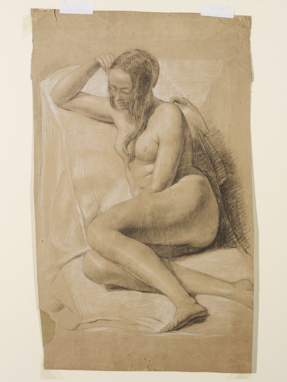Ülő női akt, 1847 (fekete és fehér kréta barna papíron) alkotó: John Everett Millais