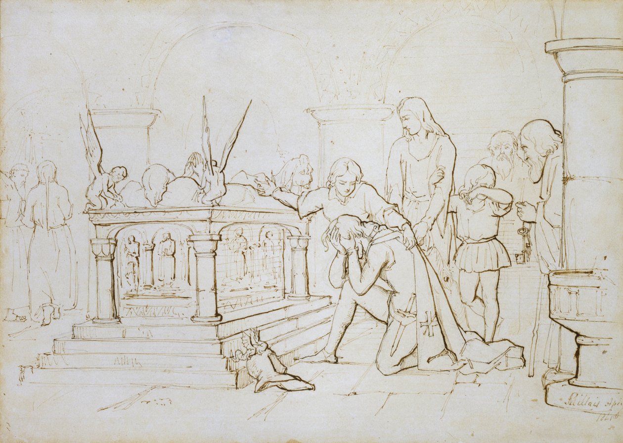 A keresztes lovag visszatérése, 1840 (Toll és barna tinta, törtfehér papírra) alkotó: John Everett Millais