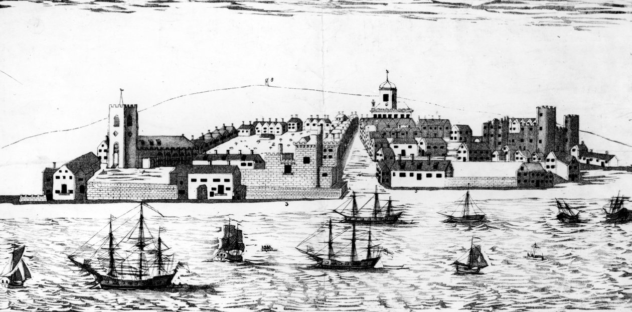 Liverpool város nyugati kilátása, ahogyan 1680 körül megjelent, John R. Isaac litográfiája alkotó: John Eyes Jnr