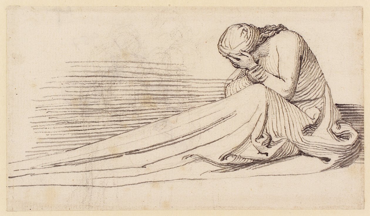 Ülő női figura hosszú drapériában, gyászoló (ceruza, toll, tinta és mosás papíron) alkotó: John Flaxman