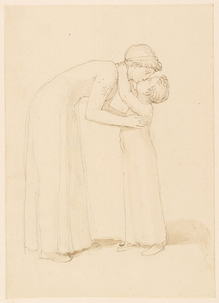 A Woman Bends Down to Kiss a Child (ceruza, toll, tinta és mosás papíron) alkotó: John Flaxman