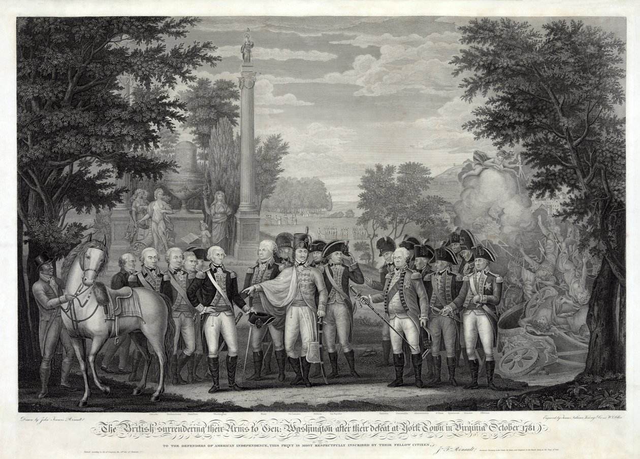 A britek átadják fegyvereiket Washington tábornoknak a virginiai York Townnál elszenvedett vereség után, 1781. október 1781, pub. 1819 (színes metszet) alkotó: John Francis Renault