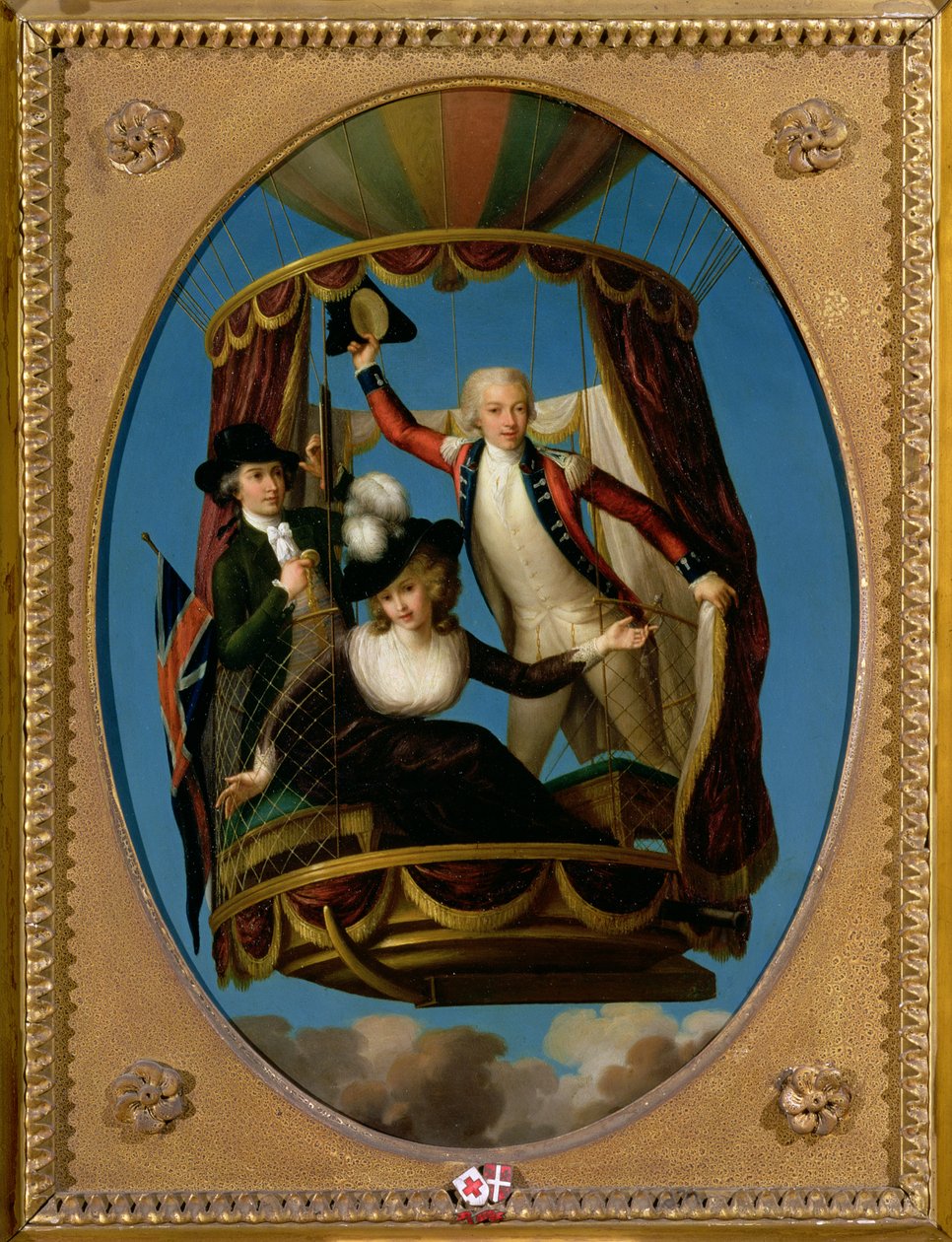 Vincenzo Lunardi kapitány George Biggin asszisztensével és Mrs. Letitia Anne Sage-vel, léggömbben, 1785 (olaj, réz) alkotó: John Francis Rigaud