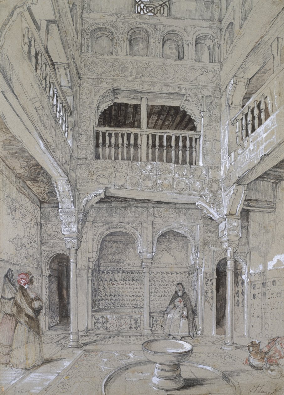 Az Alhambra fürdőjének bejárata (grafit és fehér testszín rövid akvarell érintéssel szürke papíron) alkotó: John Frederick Lewis
