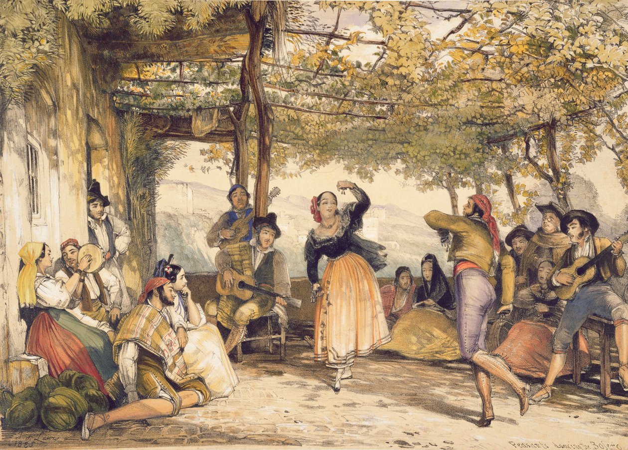 Parasztok táncolnak a boleróval, Charles Joseph Hullmandel (1789-1850) vésett „Spanyolország vázlatai” című művéből, 1836. alkotó: John Frederick Lewis
