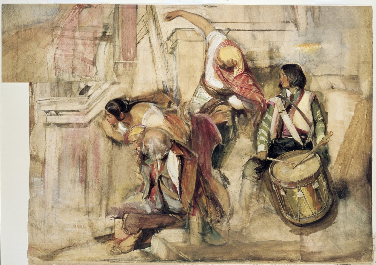 Tanulmány Don Carlos kikiáltásához (akvarell és testfesték grafiton, papíron, két lap hozzáadásával) alkotó: John Frederick Lewis