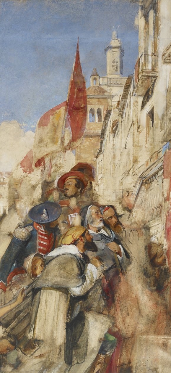 Tanulmány Don Carlos kikiáltásához (akvarell és testfesték grafit felett) alkotó: John Frederick Lewis