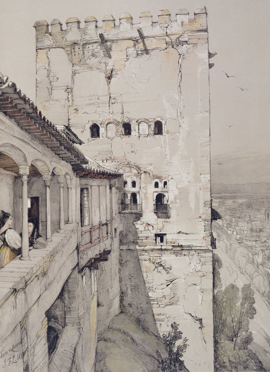 Comares tornya (Torre de Comares), az Alhambra vázlataiból és rajzaiból, James Duffield Harding (1798-1863) metszete, 1835 alkotó: John Frederick Lewis