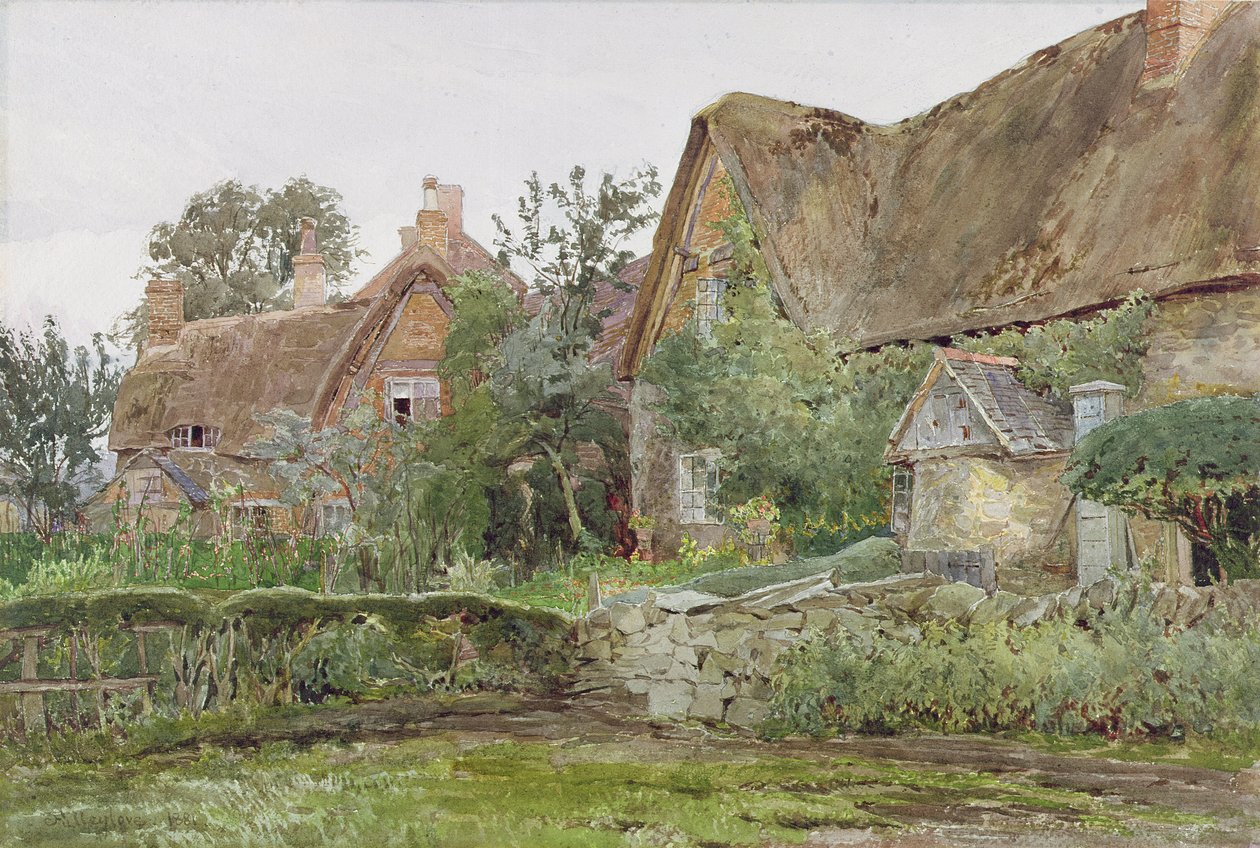 Nádfedeles házak és kertek, 1881 (wc és grafit papíron) alkotó: John Fulleylove