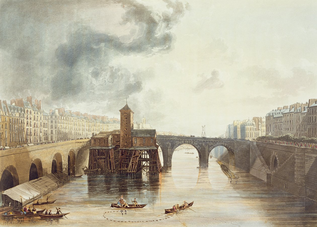 Pont Notre Dame, a "Nézetek a Szajnán" című művéből, Thomas Sutherland (sz. 1785) metszetében, R. Ackermann (1764-1834) kiadásában, 1821 alkotó: John Gendall