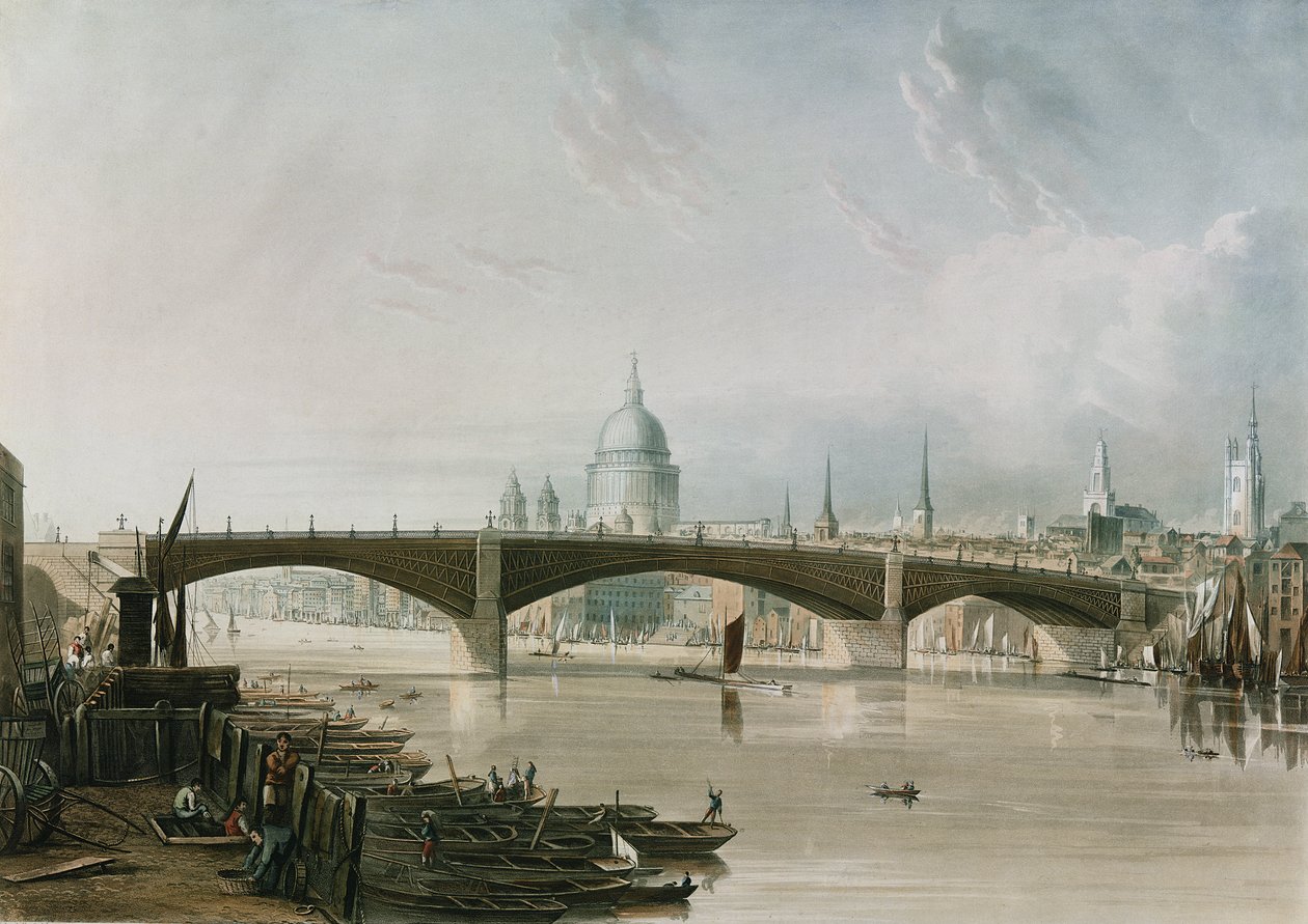 Southwark Iron Bridge, Bankside felől nézve, Thomas Sutherland (sz. 1785) metszete, kocsma. 1819, Ackermann