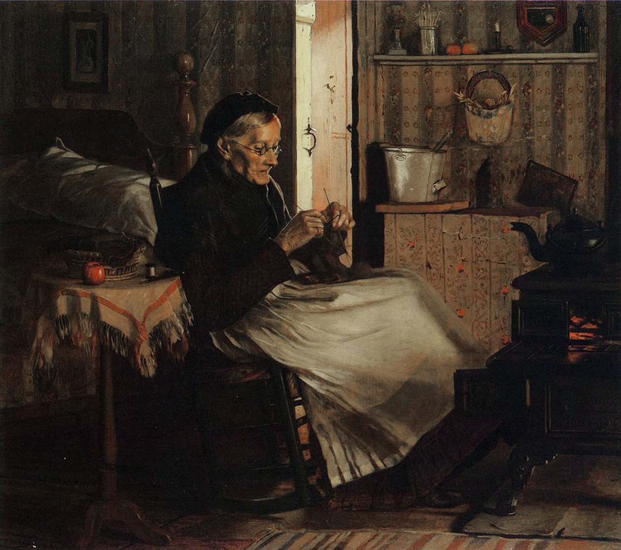 Egy öregasszony köt, 1893 körül alkotó: John George Brown