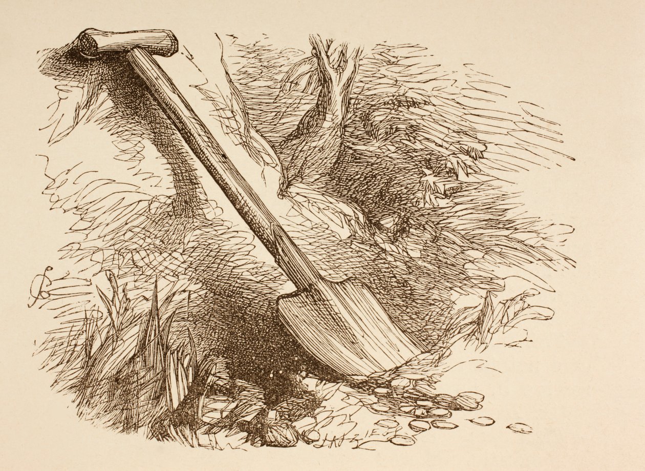 Félig a földbe ásott ásó illusztrációja a „The Illustrated Library Shakespeare”-ből, 1890 Londonban alkotó: John Gilbert