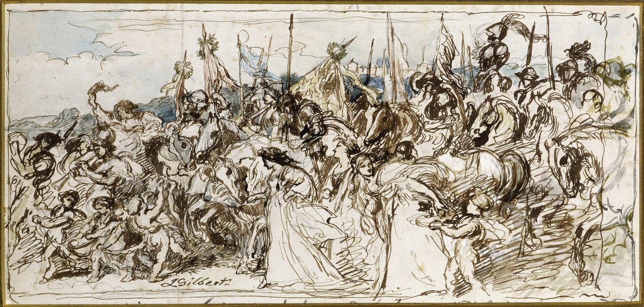 Vázlat a „Győztesek visszatéréséhez”, 1879 (toll, tinta és wc) alkotó: John Gilbert
