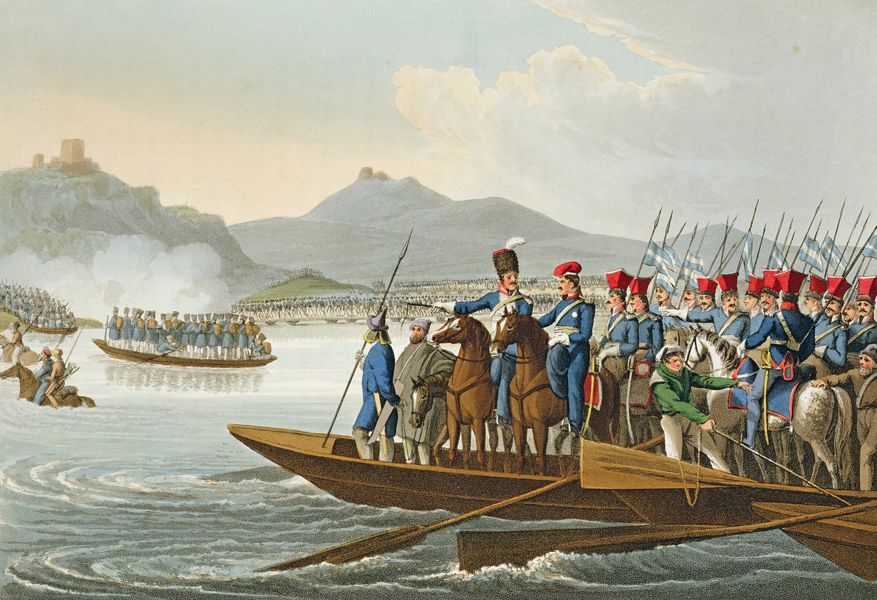 A szövetséges hadsereg átkel a Rajnán, hogy megszállja Franciaországot, 1813, Matthew Dubourg (1813-20) metszete a "Historic, Military and Naval Anecdotes" című kötetből, kiadó: Edward Orme (1774-1820) 1816 (akvatinta). alkotó: John Heaviside Clark