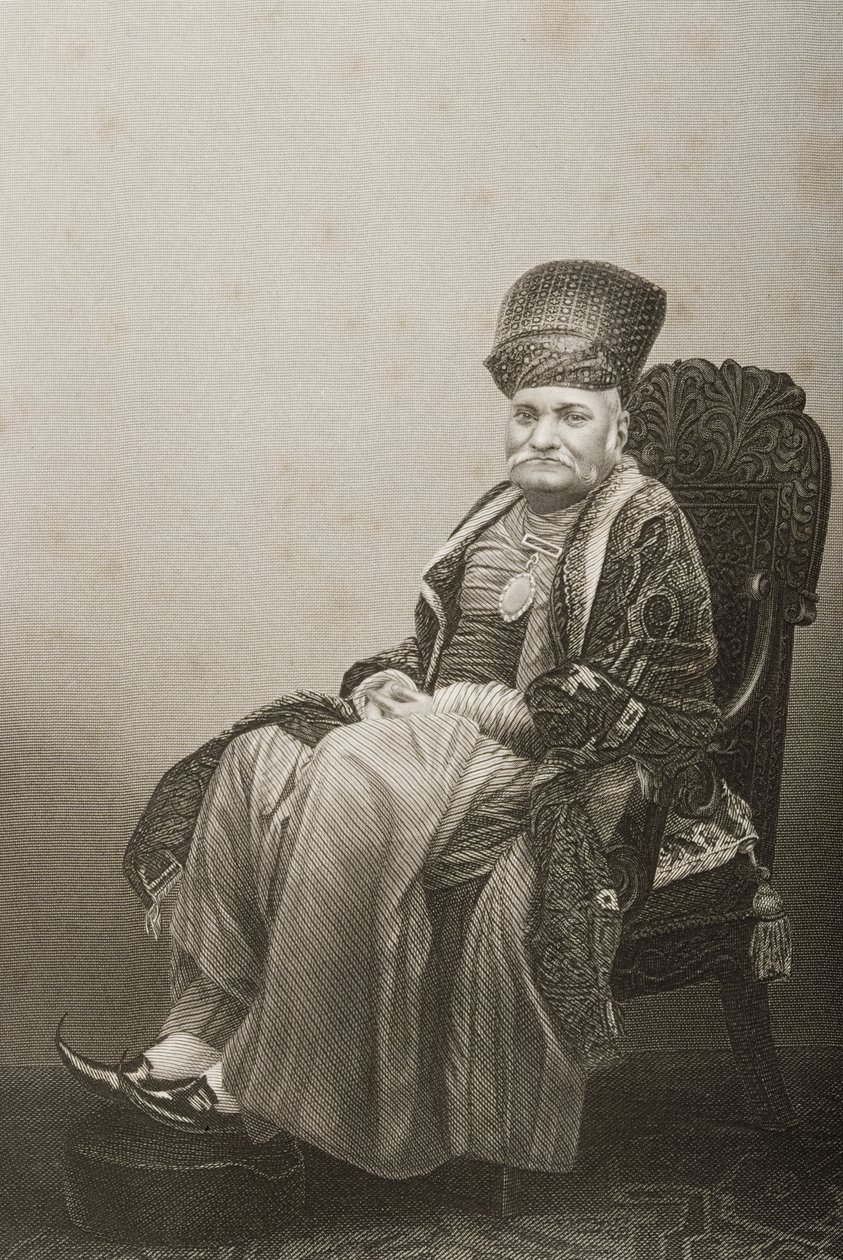 Sir Jamsetjee Jeejeebhoy (1783-1859) metszett D.J. Pound egy fényképről, a „The Drawing-Room of Eminent Personages, Volume 2”, Londonban, 1860. alkotó: John Jabez Edwin Paisley Mayall
