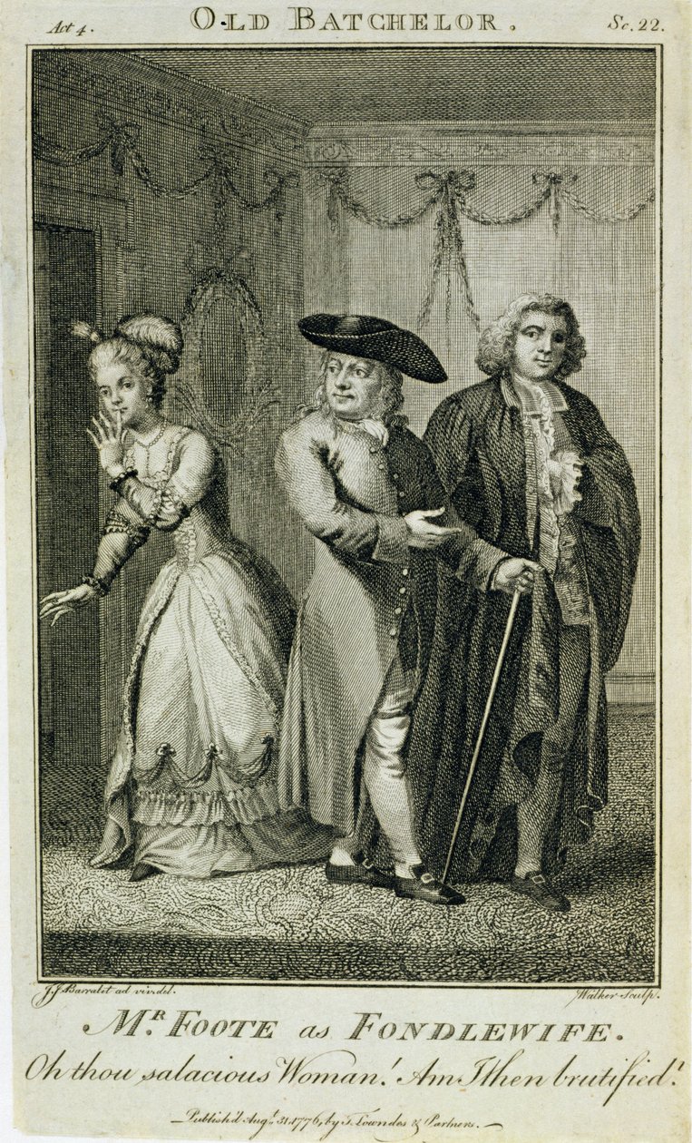 Mr Foote mint Fondlewife a "The Old Bachelor"-ban, W. Walker metszetében, 1776 alkotó: John James Barralet