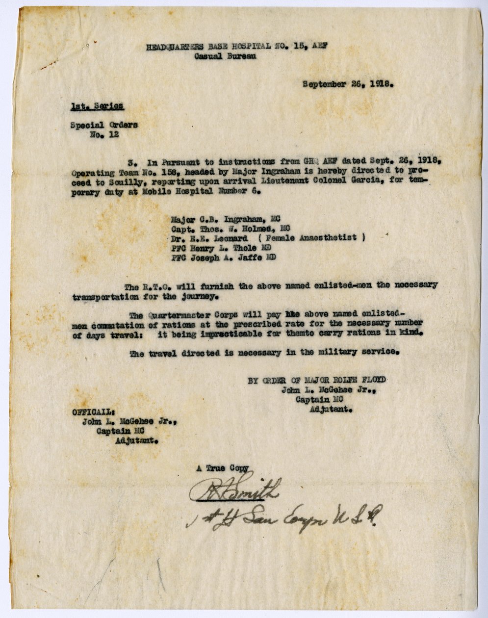 Különleges megrendelések 12. sz. Kivonat, 15. számú székhely -alapkórház, alkalmi iroda, Rolfe Floyd parancsára, 1918. szeptember 26 -án alkotó: John L. McGehee