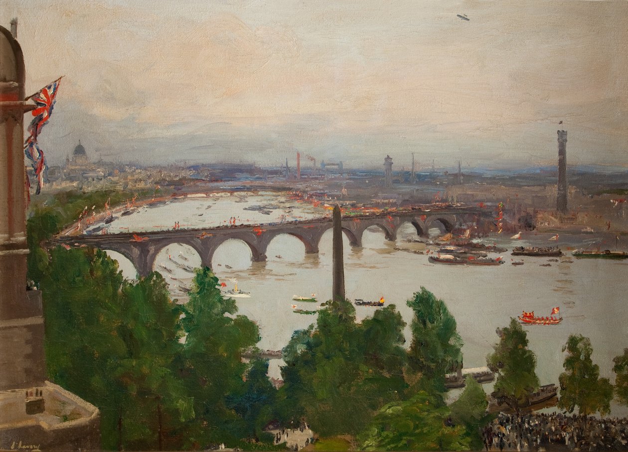 A River Pageant, ahogyan Sir James Barries otthonából, az Adelphi Terrace-ról, Londonból látható, 1919. augusztus 4., 1919 alkotó: John Lavery