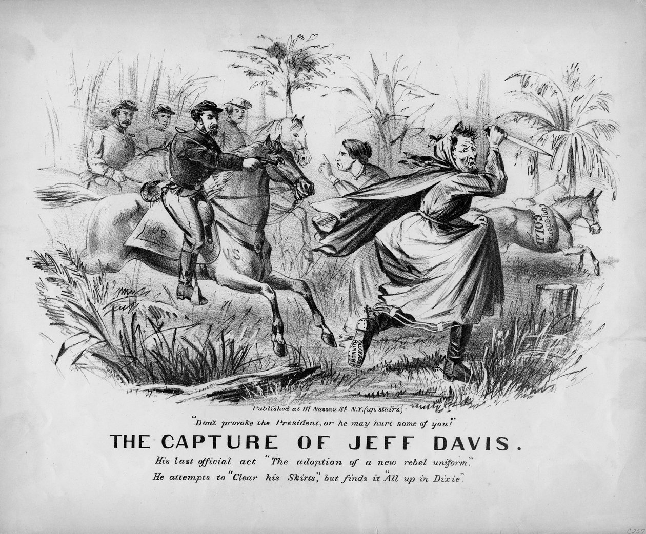 Jeff Davis elfogása: utolsó hivatalos cselekedete Új lázadó egyenruha felvétele: megpróbálja megtisztítani a szoknyáit, de mindent megtalál a Dixie-ben, New Yorkban, 1865 körül. alkotó: John Lawrence Giles