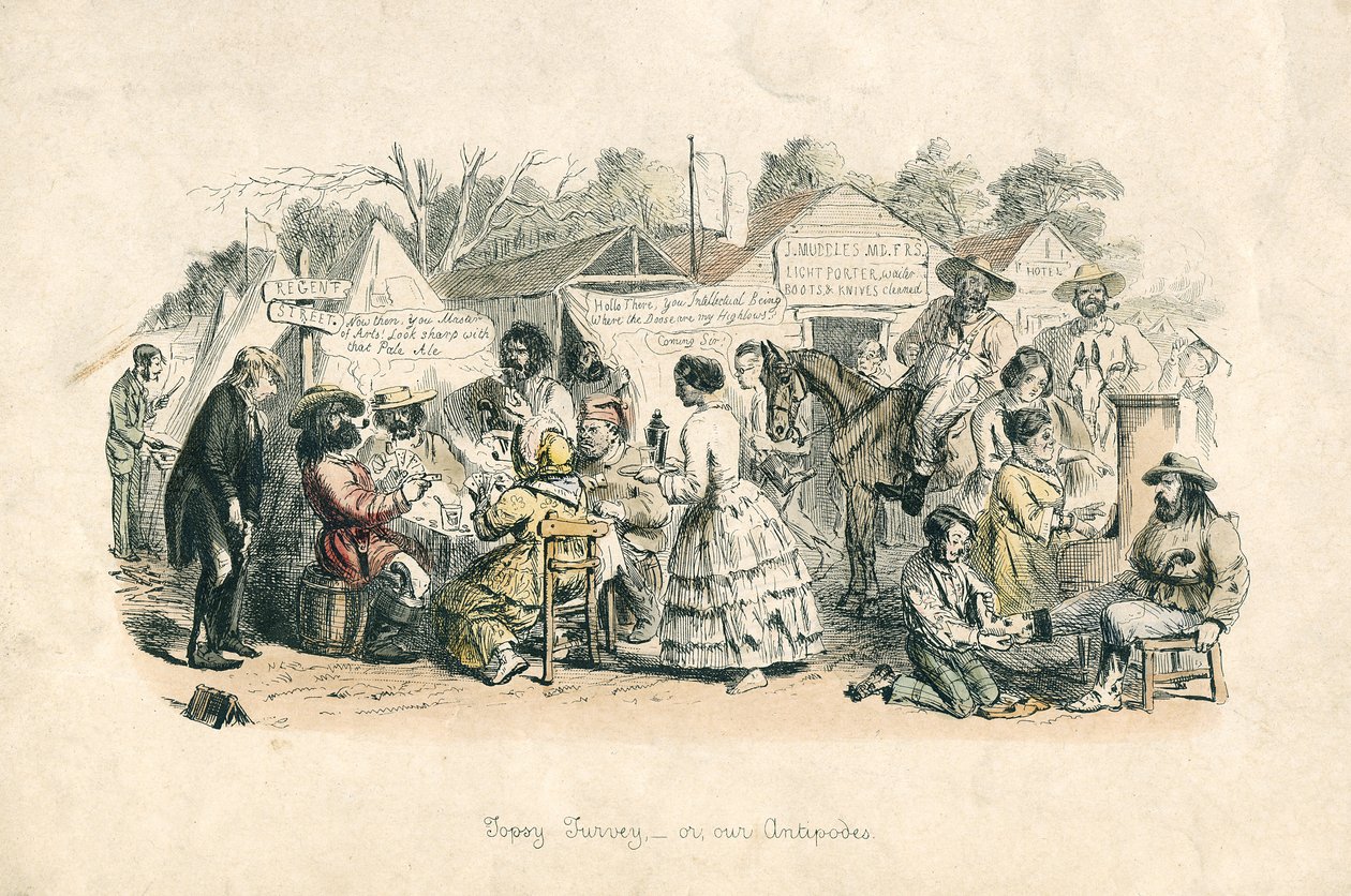 Topsy turvey - vagy, mi Antipodes, 1864 (kézzel színezett rézkarc) alkotó: John Leech