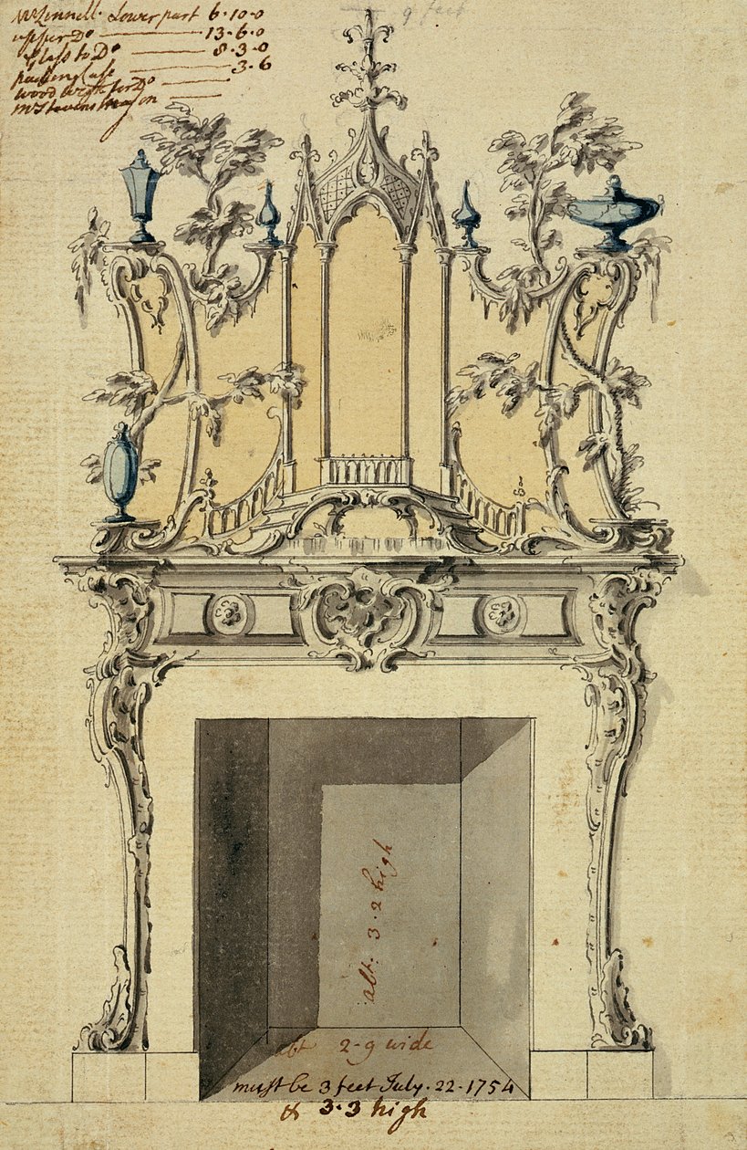 Tervezés rokokó kéménydarabhoz, 1754 (toll, tinta és WC papíron) alkotó: John Linnell