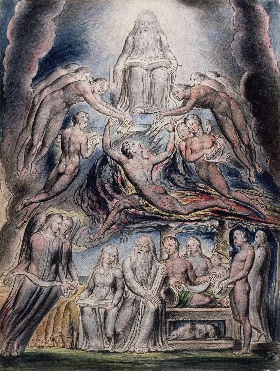Illusztrációk Jób könyvéről, 3. oldal (2. oldal): Sátán Isten trónja előtt, William Blake (1757-1827) után (toll és tinta és wc) alkotó: John Linnell