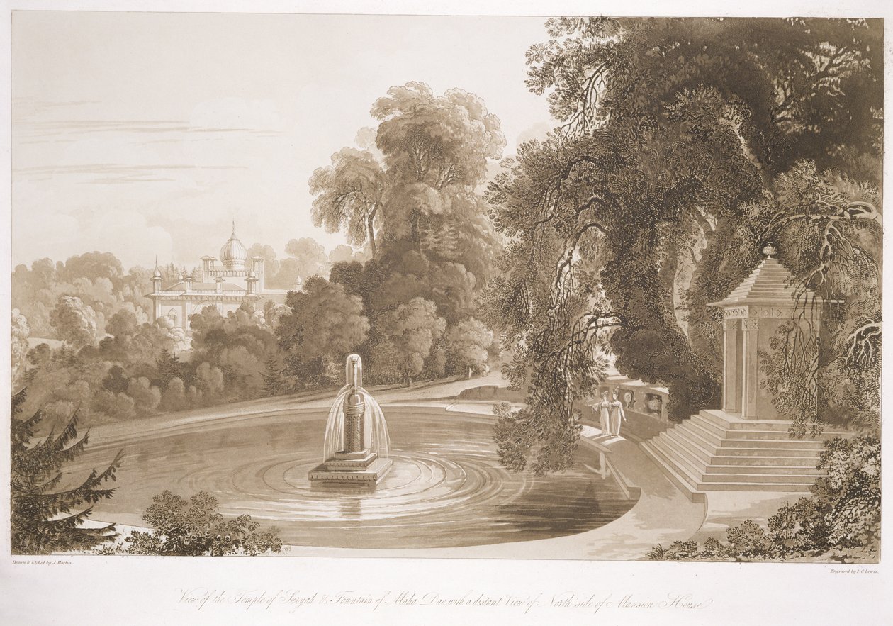 Kilátás Suryah templomára és Mahah Doo szökőkútjára, távoli kilátással a Mansion House, Sezincote északi oldalára, metszett Frederick Christian Lewis Snr. (1779-1856), kb. 1817-18 (szept alkotó: John Martin