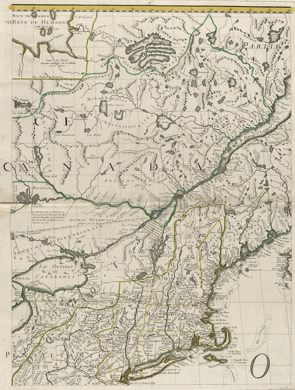 Az amerikai brit és francia uradalmak térképe, 1756 (metszet körvonalszínnel papíron) alkotó: John Mitchell
