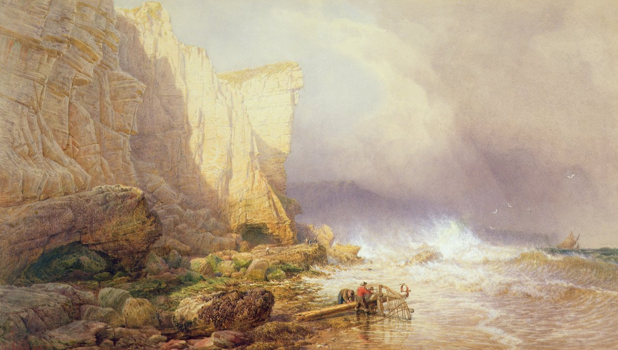 Viharos időjárás, Clearing Seaton Cliffs, Dél-Devon, 19. század alkotó: John Mogford
