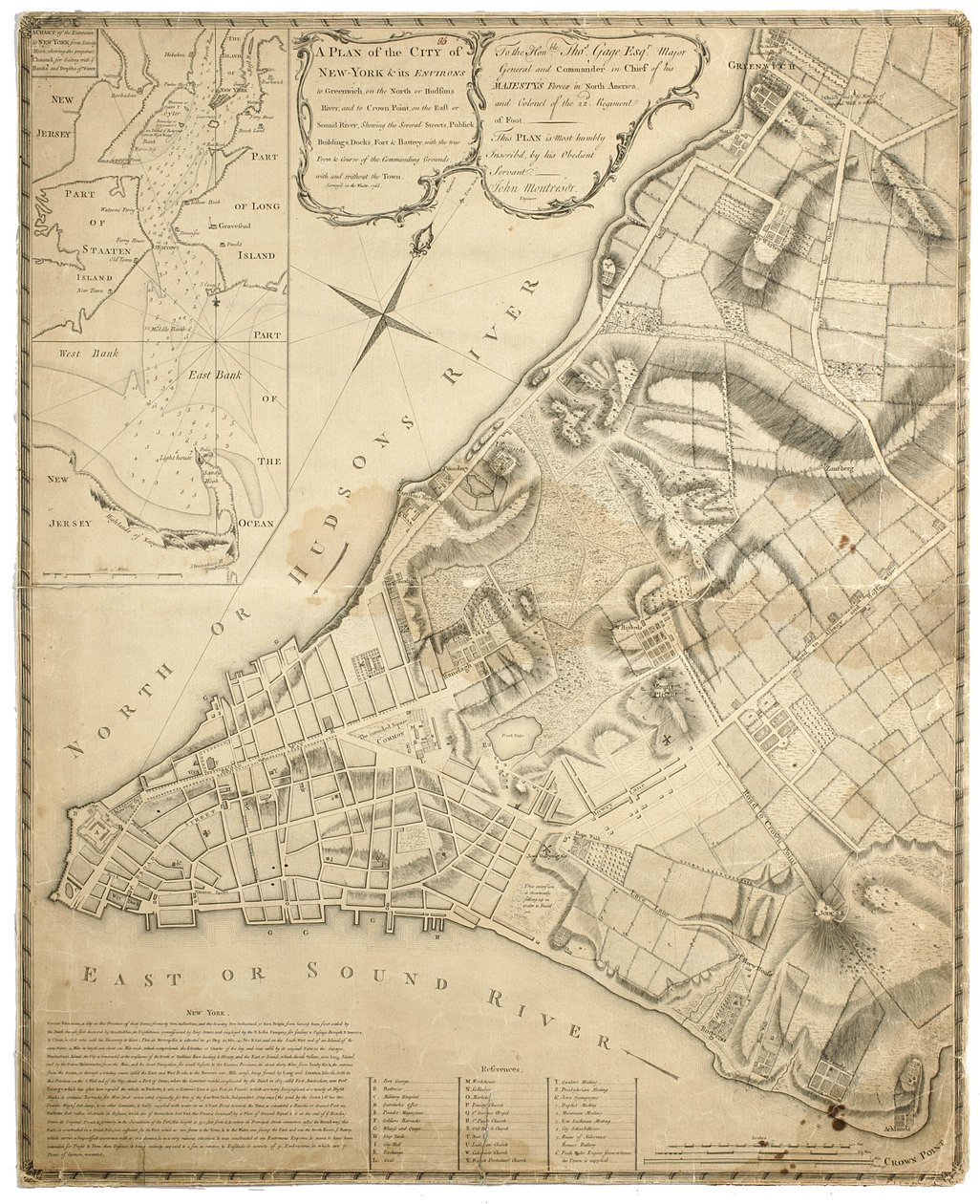 New York városának és környékének terve Greenwichig az északi (Hudson) folyón az East River-i Crown Pointig, 1766, 1775 (kőnyomat) alkotó: John Montresor