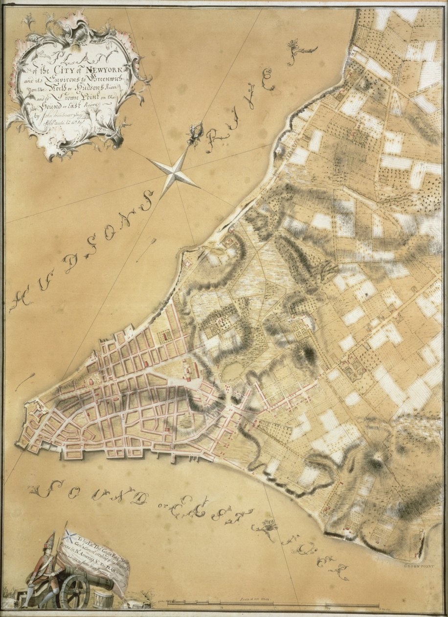 New York városának és környékének korai felmérése Greenwichig, 1766 (toll és tinta, buff papírra) alkotó: John Montresor