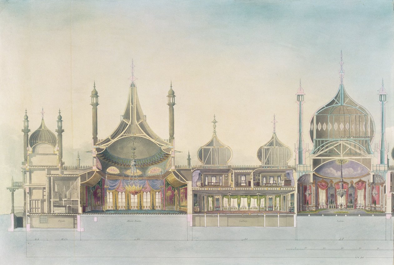 Hosszanti metszet (balról jobbra) Orgona, zeneterem, galéria, szalon, bankettterem, oldalsó szoba, konyha, a Brighton-i Királyi Pavilon nézeteiből, John Nash, 1826 (nyomtatás). alkotó: John Nash