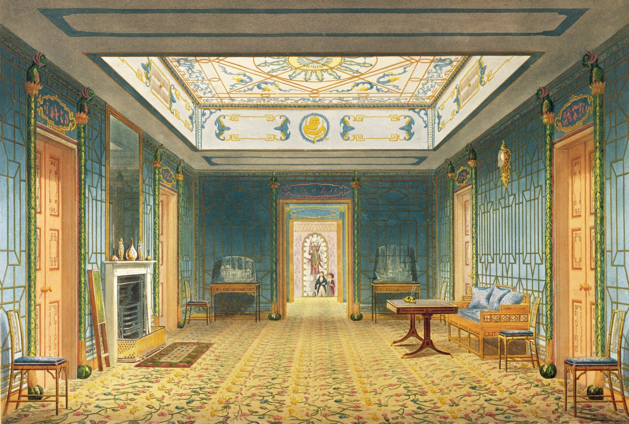 A kettős előcsarnok vagy galéria (dél) a folyosó felett a Brightoni Királyi Pavilon látképéből, John Nash, 1826 (nyomtatott) alkotó: John Nash