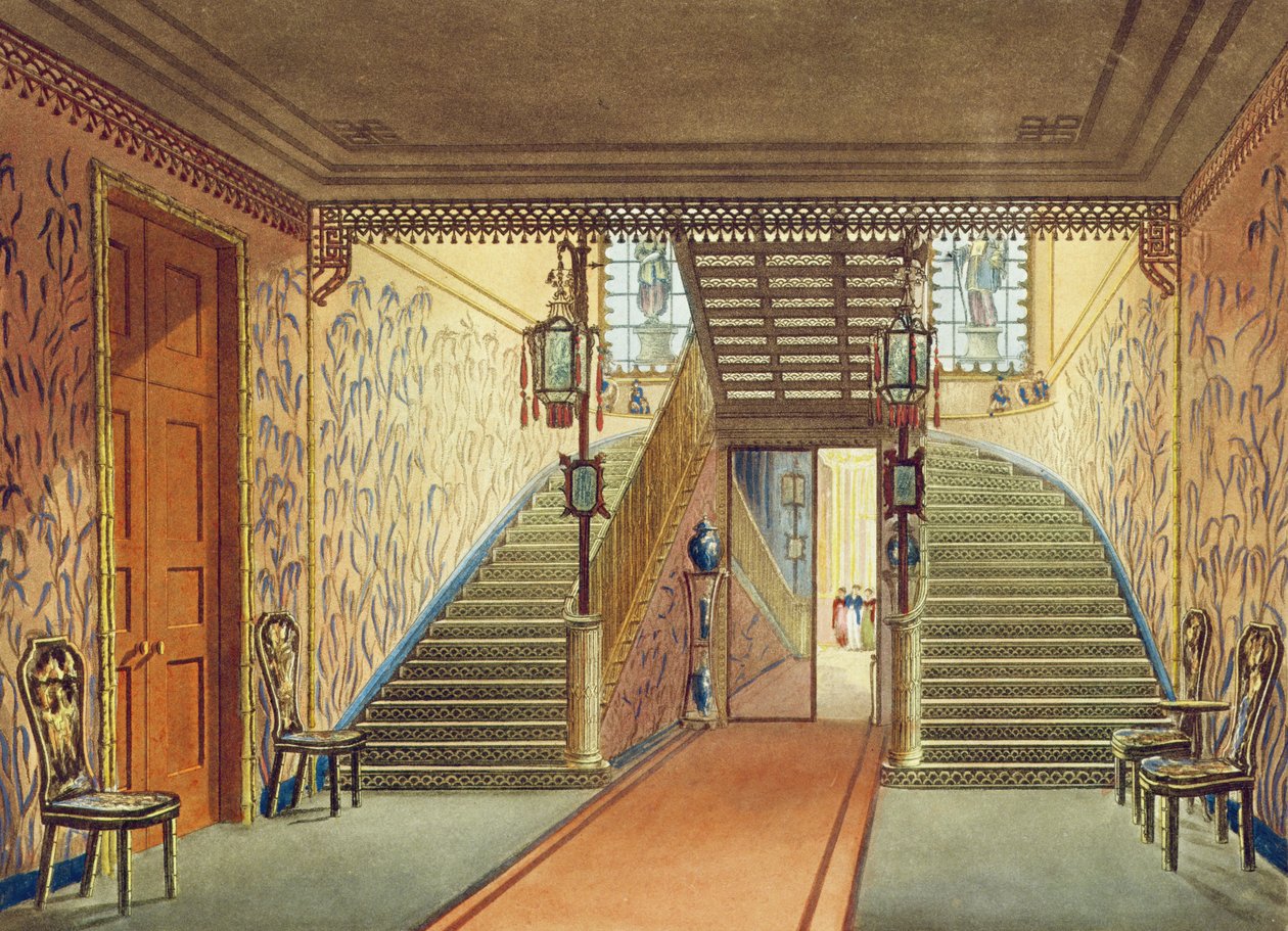 The Staircase, a Views of the Royal Pavilion, Brightonból, John Nash, 1826 (nyomtatott) alkotó: John Nash