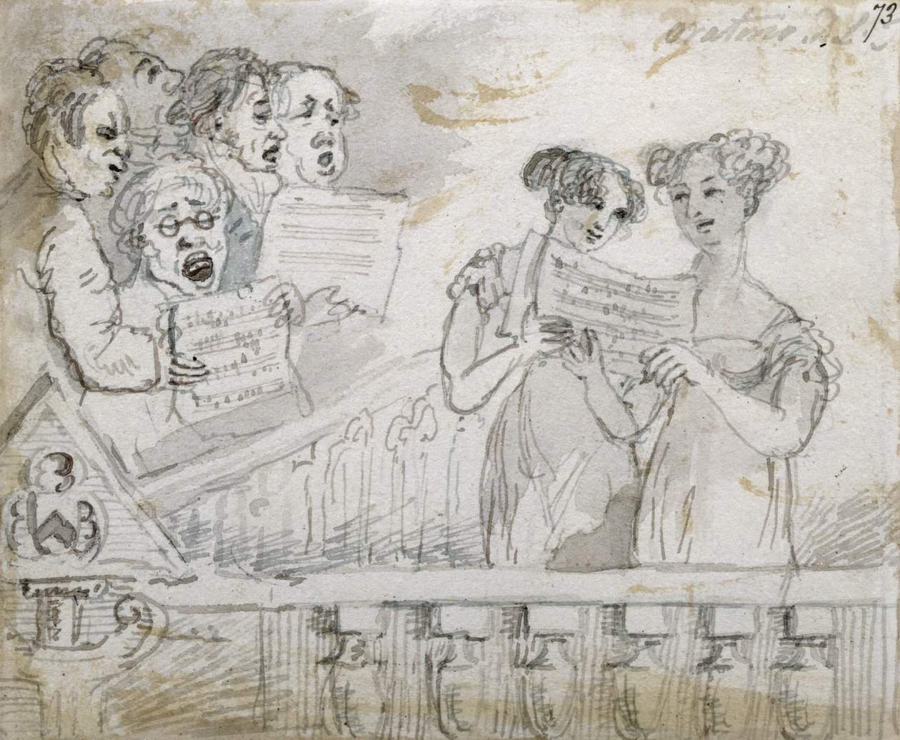 Oratóriumelőadás a Drury Lane Színházban, egy triptichon első része, 1814 (wc és tinta) (lásd még: 84544-5) alkotó: John Nixon