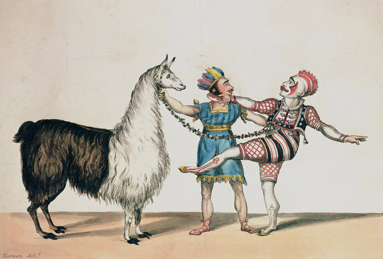 Grimaldi és az Alpaka, a Vörös Törpe népszerű pantomimjában, kocsmában. 1813-ban Londonban alkotó: John Norman