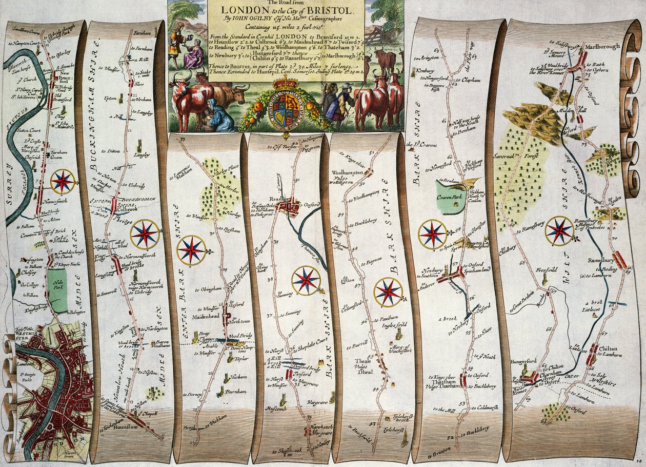 Út Londonból Bristolba, John Ogilby „Britannia” című művéből, London, 1675 (kézzel színezett metszet) alkotó: John Ogilby