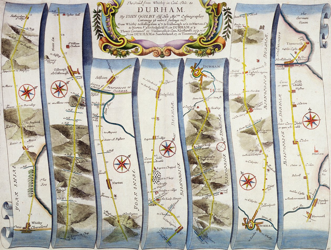 Út Whitbyből Durhambe, John Ogilby „Britannia” című művéből, London, 1675 alkotó: John Ogilby