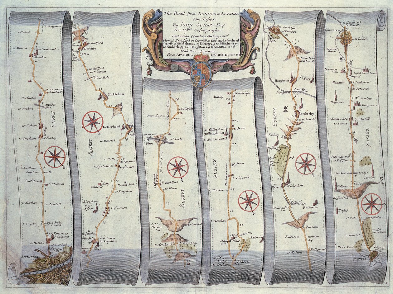Az út Londonból Arundelbe (színes gravírozás) alkotó: John Ogilby