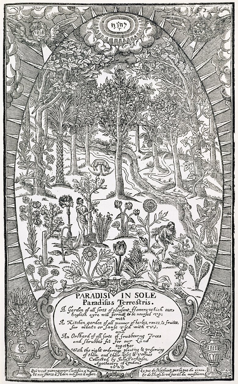 Címlap a Paradisi Sole-tól; Paradisus Terrestris, 1629 alkotó: John Parkinson