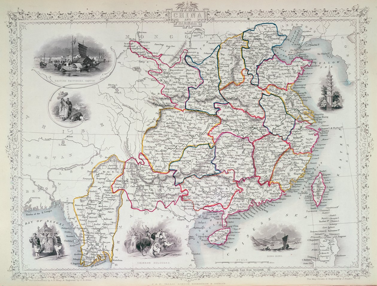 Kína és Birmah térképe, 1851 (színes metszet) alkotó: John Rapkin