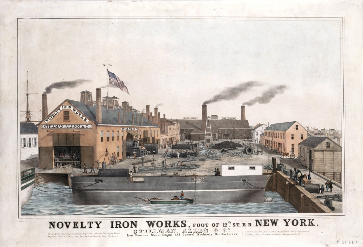 Novelty Iron Works, Stillman, Allen & Co. Steam Engine and General Machinery Manufacturers, 12th Street lábánál East River, New York, kb. 1841-1844 (kézzel színezett litó) alkotó: John Ritto Penniman