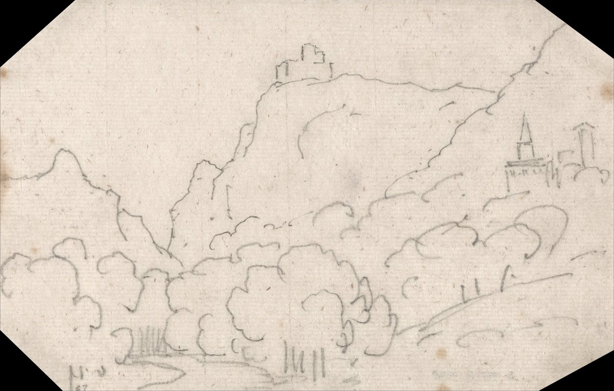 Hegyi kilátás épületekkel alkotó: John Robert Cozens