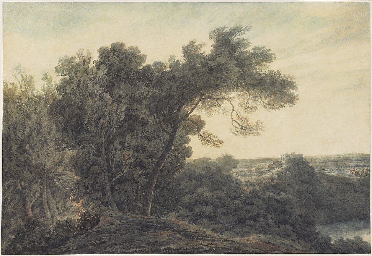 Az Albano-tó és Castel Gandolfo, 1778 körül (wc grafit fölött, szőtt papíron) alkotó: John Robert Cozens