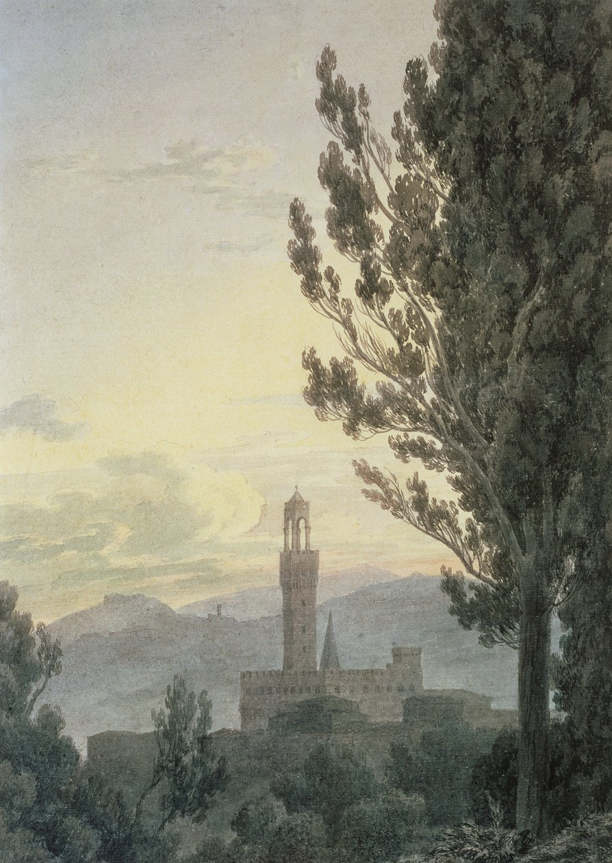 A Palazzo Vecchio a Boboli kertből, Firenzéből (wc és ceruza papíron) alkotó: John Robert Cozens