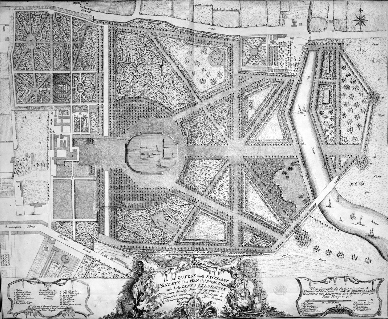 A londoni Kensington királyi palota és kertek térképe, 1736 alkotó: John Rocque