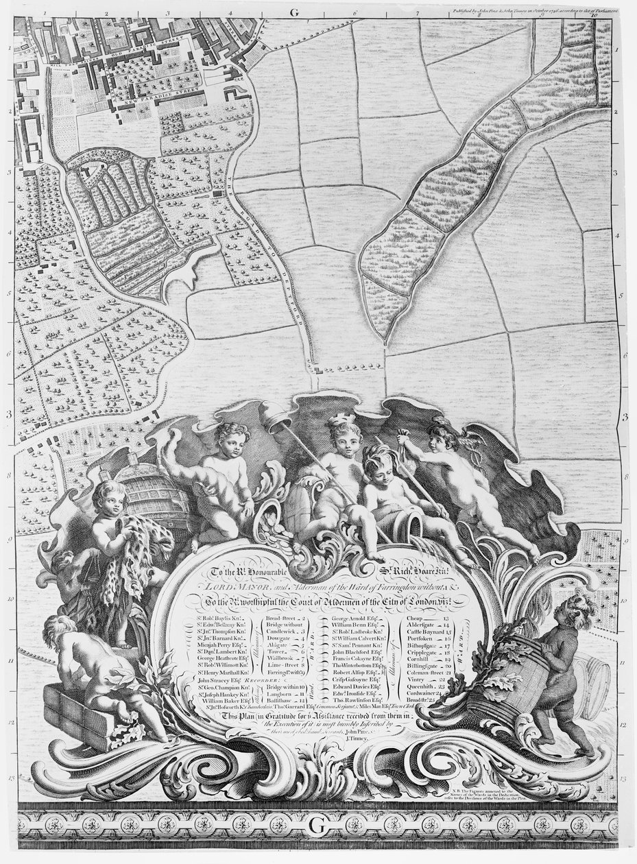 Felirat Rocque londoni térképéről, amely felsorolja a város főpolgármestereit és területeiket, 1746 alkotó: John Rocque