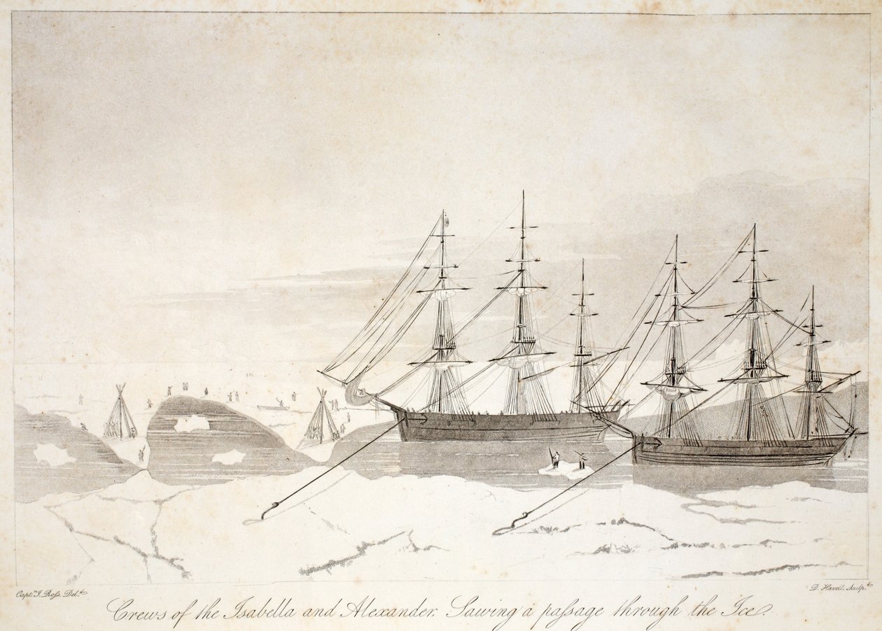 Az Isabella és Alexander legénysége átjárót fűrészel a jégen, illusztráció az 1819-es „Felfedezőút…” c. alkotó: John Ross